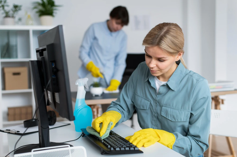 Commercial office cleaning in Calgary - Services Pro cleaner sanitizing a Calgary business workstation