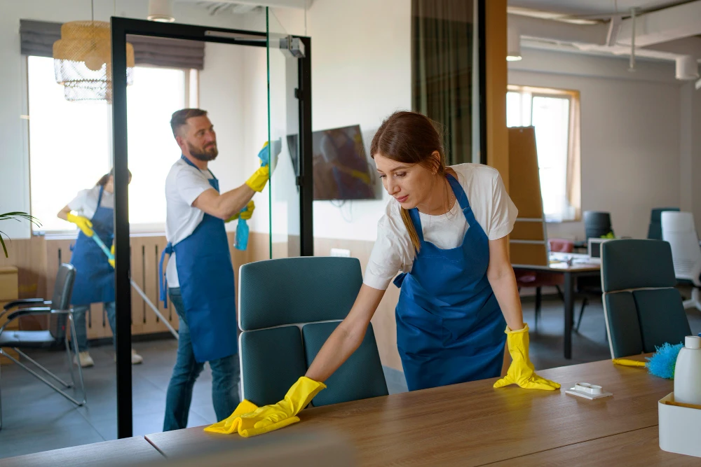 Commercial office cleaning in Edmonton - Services Pro cleaners sanitizing desks in an Edmonton office